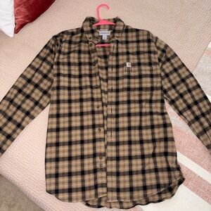 Carhartt Tan Black Plaid Flannel Button-Up Shirt (Men’s Medium)